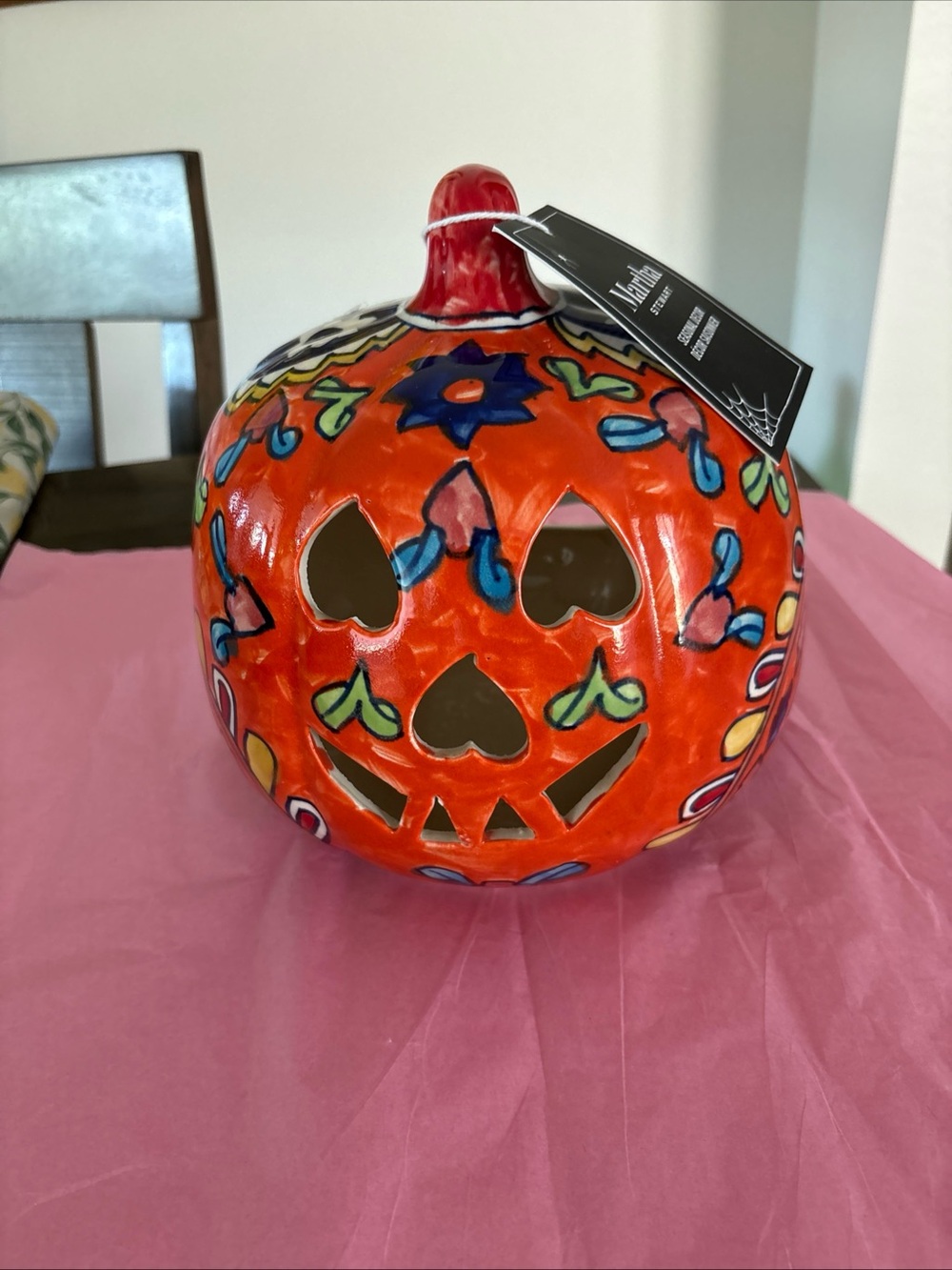 Martha Stewart Pumpkin Candle Holder Folk Talavera Style Jack O Lantern 9”t X 8”